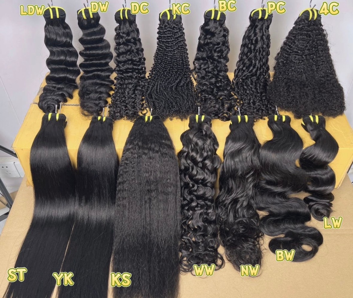 Hair texture chart showing LDW, DW, DC, KC, BC, PC, 4C, ST, YK, and KS textures in lengths from 10 to 30 inches